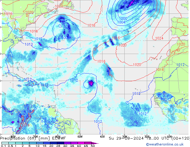 Totale neerslag (6h) ECMWF zo 29.09.2024 00 UTC