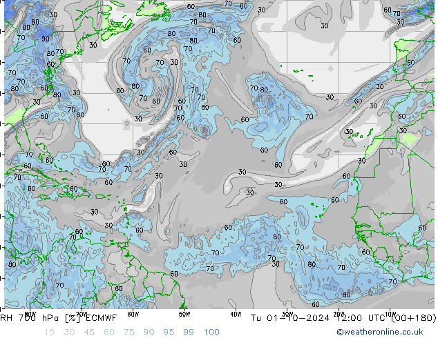 RH 700 hPa ECMWF Di 01.10.2024 12 UTC