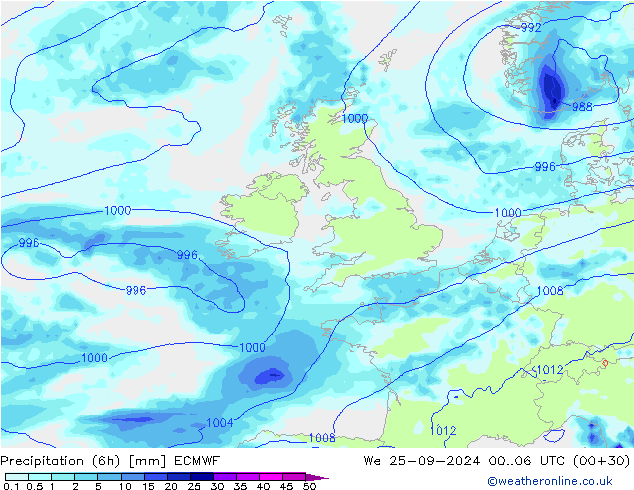 Precipitation (6h) ECMWF We 25.09.2024 06 UTC