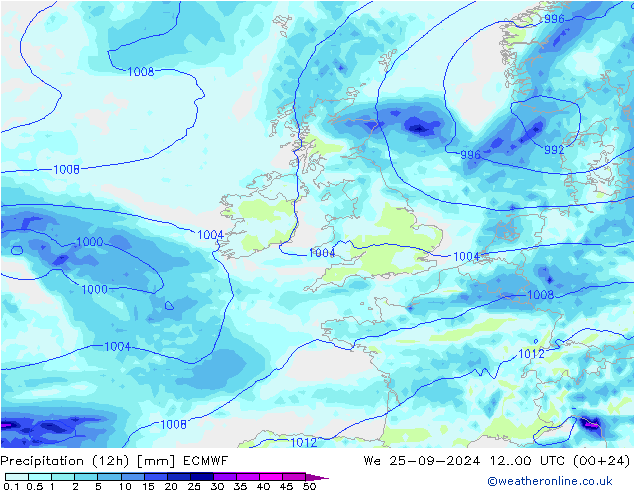 Precipitación (12h) ECMWF mié 25.09.2024 00 UTC