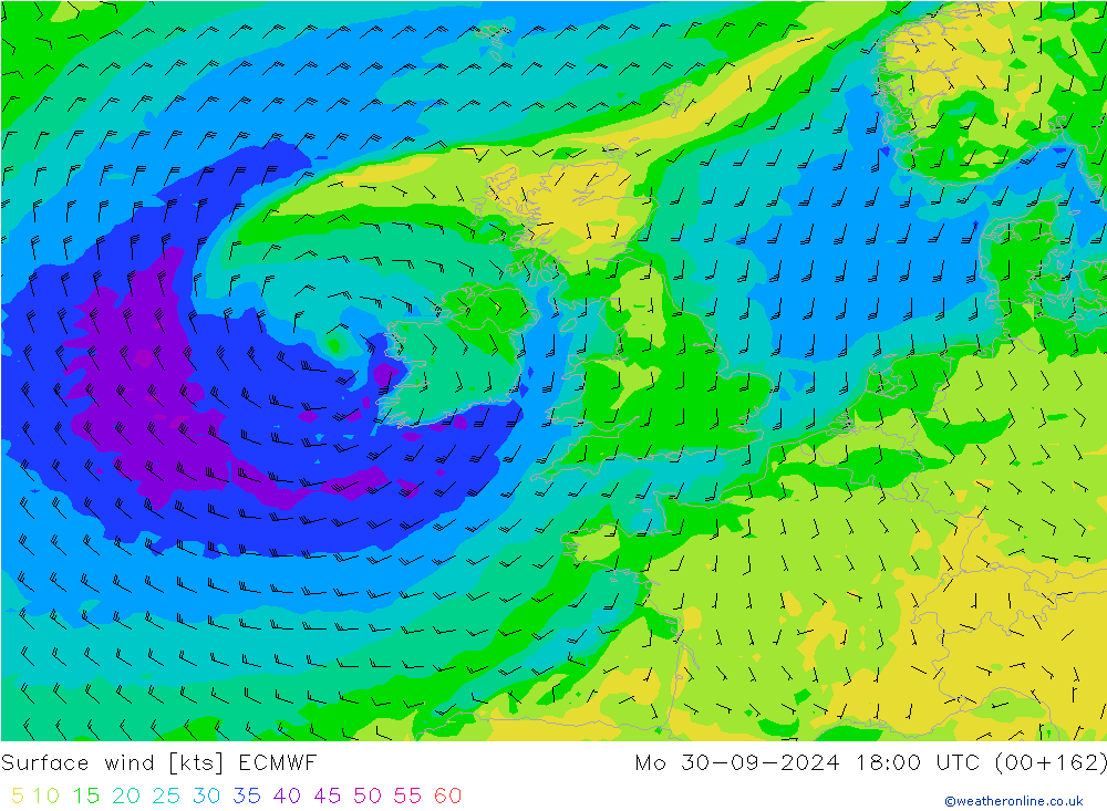 ветер 10 m ECMWF пн 30.09.2024 18 UTC