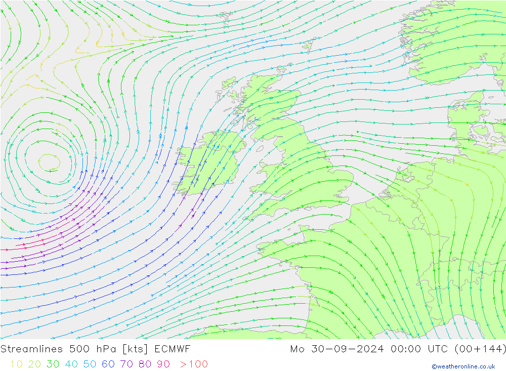 Linea di flusso 500 hPa ECMWF lun 30.09.2024 00 UTC