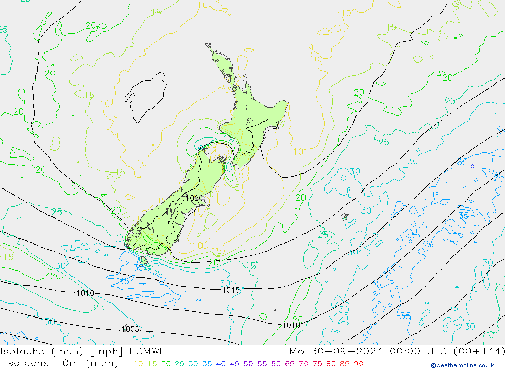 Isotachs (mph) ECMWF пн 30.09.2024 00 UTC