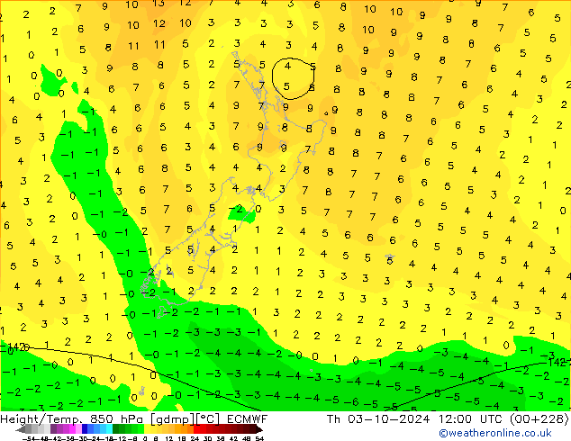 Height/Temp. 850 hPa ECMWF Th 03.10.2024 12 UTC