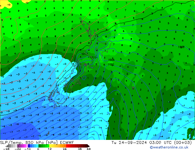 SLP/Temp. 850 hPa ECMWF mar 24.09.2024 03 UTC