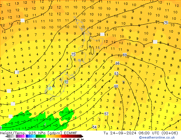 Height/Temp. 925 hPa ECMWF mar 24.09.2024 06 UTC