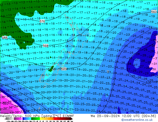 Z500/Rain (+SLP)/Z850 ECMWF Qua 25.09.2024 12 UTC