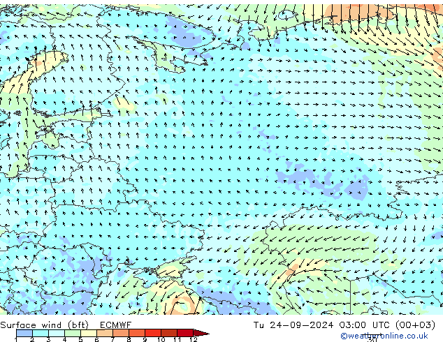 Surface wind (bft) ECMWF Tu 24.09.2024 03 UTC