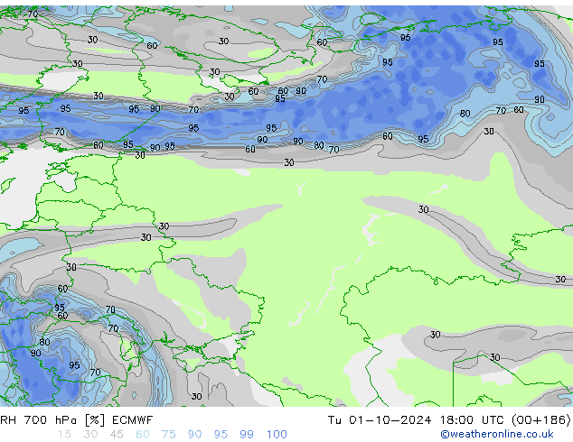 RH 700 hPa ECMWF Tu 01.10.2024 18 UTC