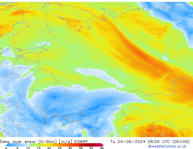 Deep layer shear (0-6km) ECMWF di 24.09.2024 06 UTC