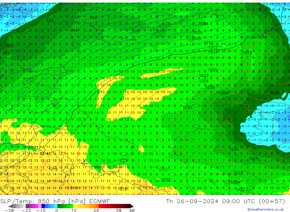 SLP/Temp. 850 hPa ECMWF czw. 26.09.2024 09 UTC