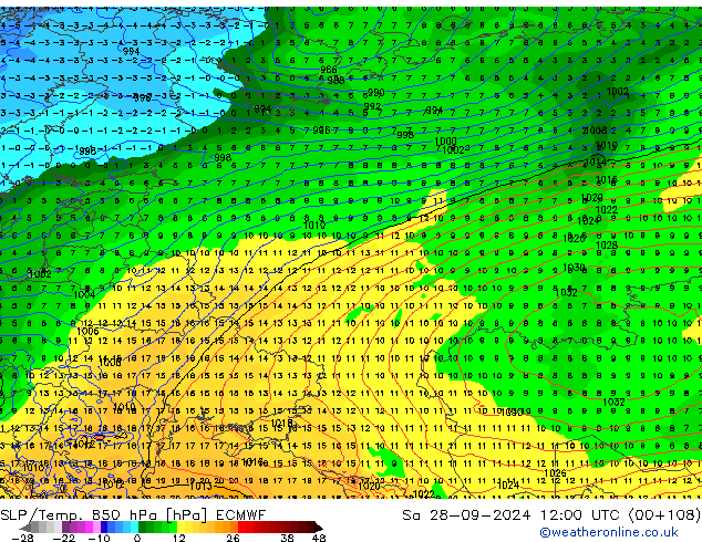 SLP/Temp. 850 hPa ECMWF Sa 28.09.2024 12 UTC