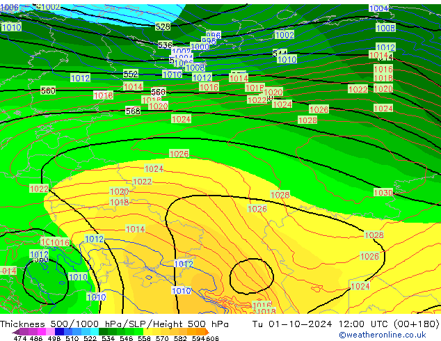 Thck 500-1000hPa ECMWF Tu 01.10.2024 12 UTC