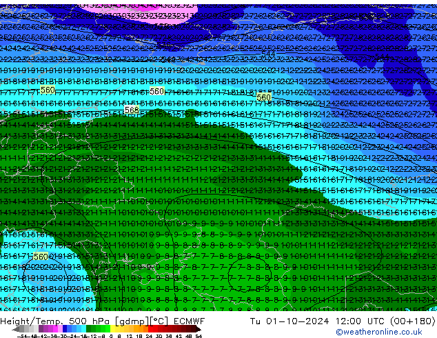 Height/Temp. 500 hPa ECMWF Di 01.10.2024 12 UTC