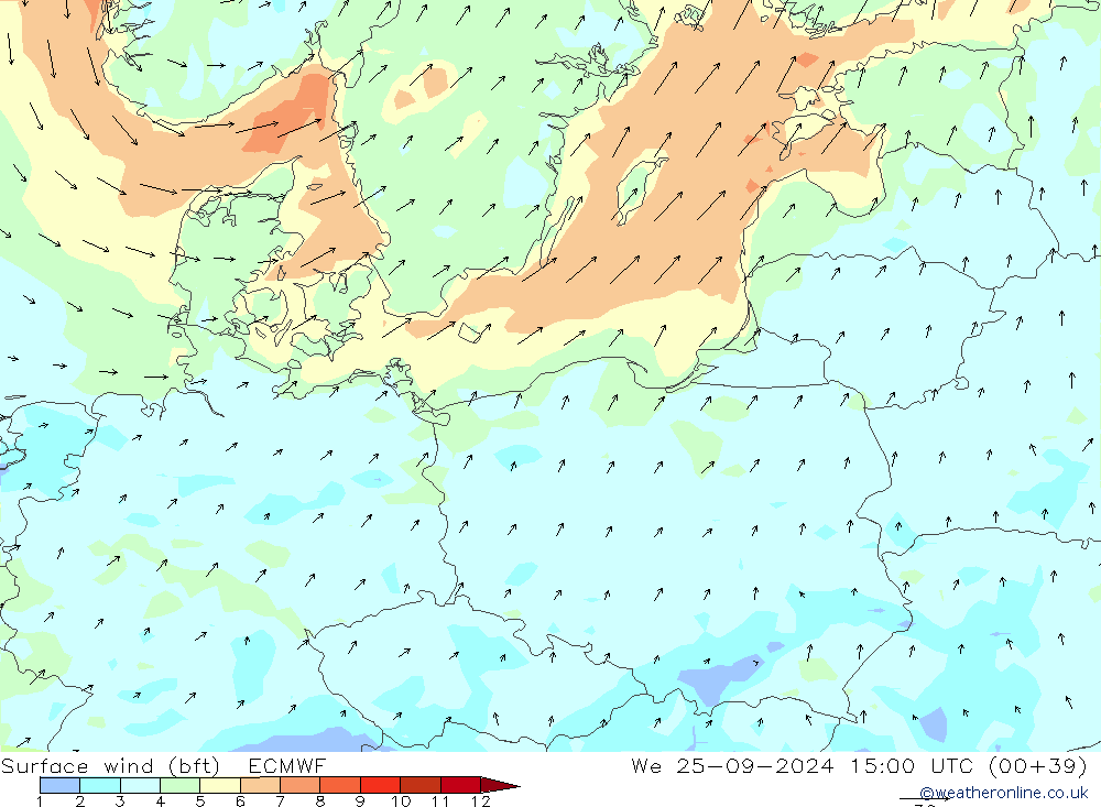 Surface wind (bft) ECMWF We 25.09.2024 15 UTC