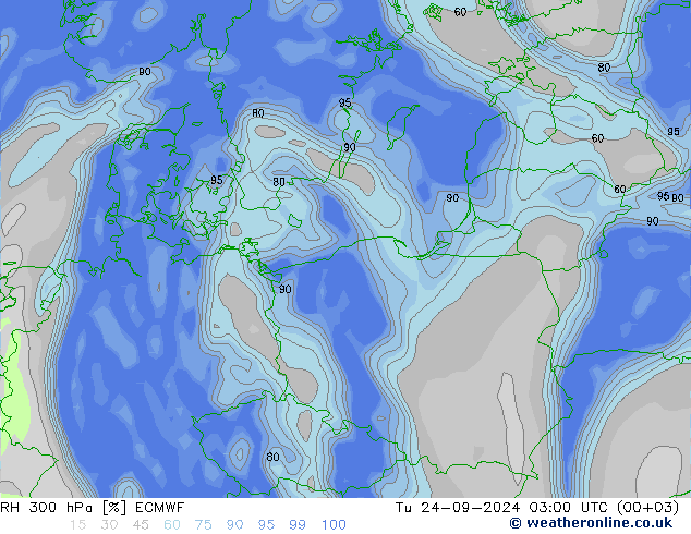 Humidité rel. 300 hPa ECMWF mar 24.09.2024 03 UTC