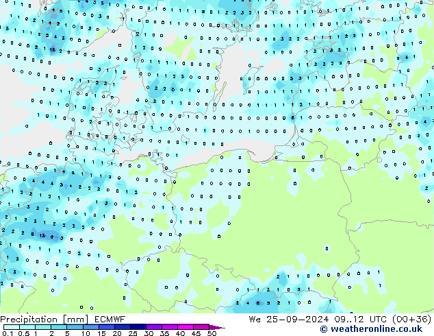 Srážky ECMWF St 25.09.2024 12 UTC