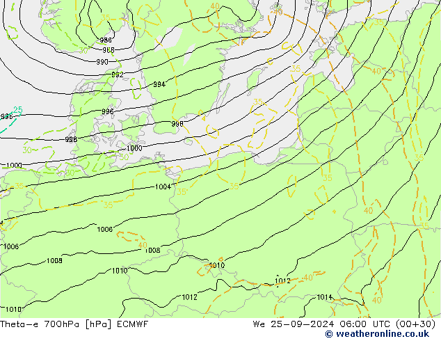 Theta-e 700hPa ECMWF We 25.09.2024 06 UTC