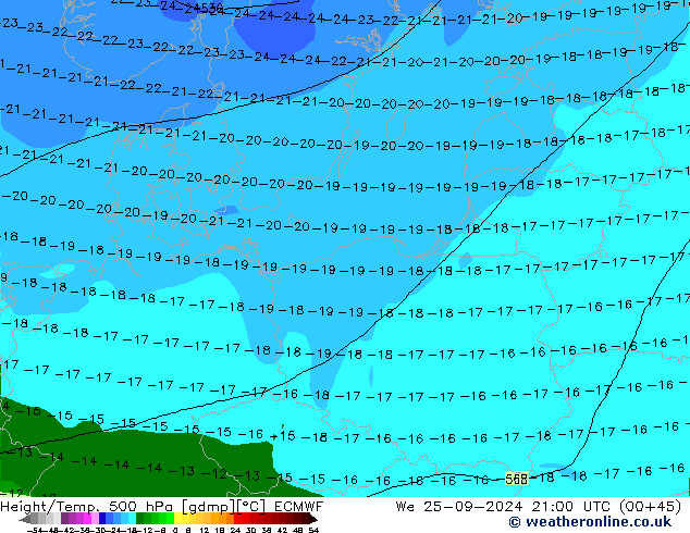 Height/Temp. 500 hPa ECMWF śro. 25.09.2024 21 UTC