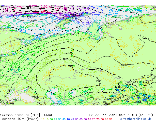 Isotachs (kph) ECMWF  27.09.2024 00 UTC