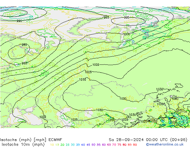 Isotachs (mph) ECMWF sam 28.09.2024 00 UTC