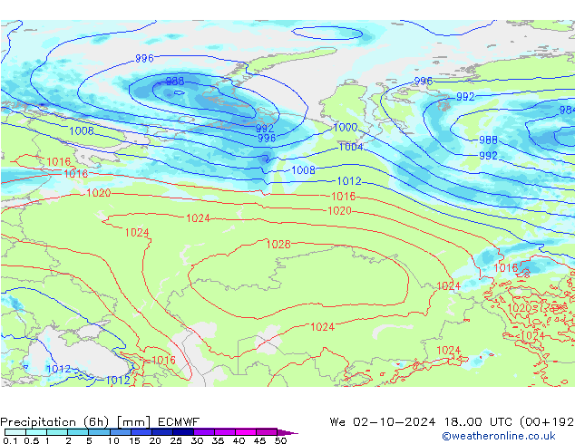 Z500/Rain (+SLP)/Z850 ECMWF mer 02.10.2024 00 UTC