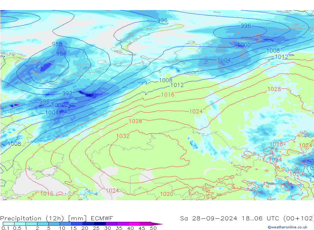 Precipitation (12h) ECMWF Sa 28.09.2024 06 UTC