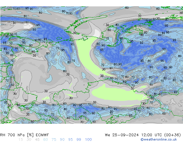 Humedad rel. 700hPa ECMWF mié 25.09.2024 12 UTC