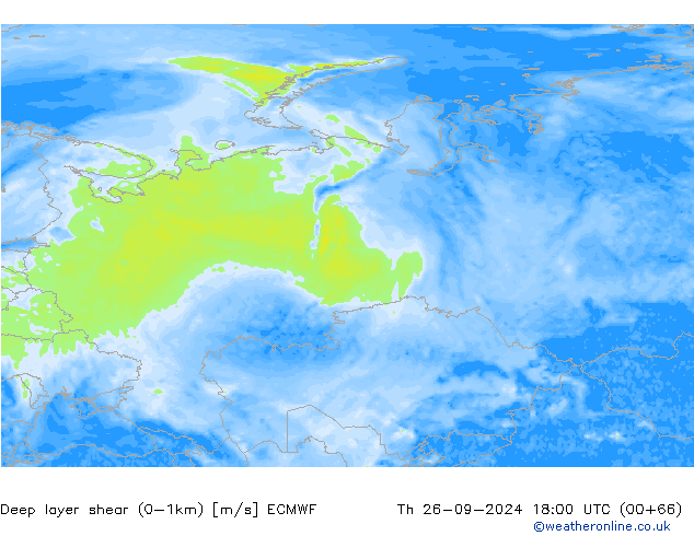 Deep layer shear (0-1km) ECMWF czw. 26.09.2024 18 UTC