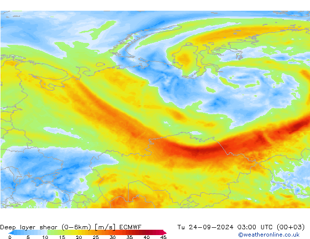 Deep layer shear (0-6km) ECMWF Tu 24.09.2024 03 UTC