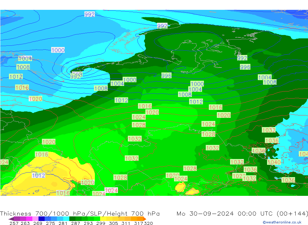 Thck 700-1000 hPa ECMWF lun 30.09.2024 00 UTC