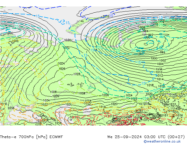 Theta-e 700hPa ECMWF We 25.09.2024 03 UTC