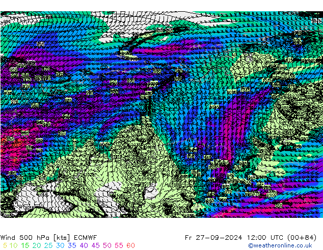 wiatr 500 hPa ECMWF pt. 27.09.2024 12 UTC