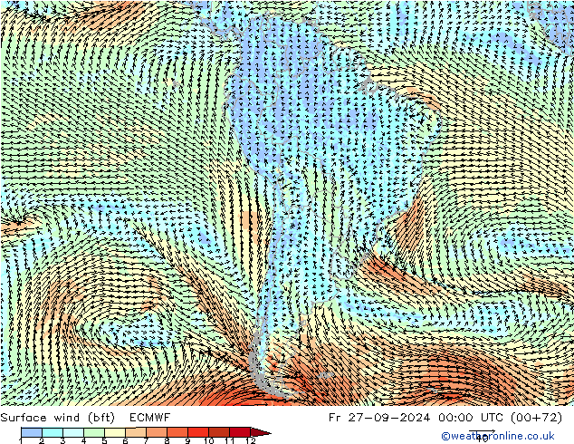 Vento 10 m (bft) ECMWF ven 27.09.2024 00 UTC