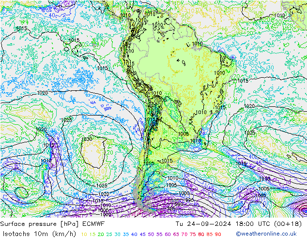 Isotachs (kph) ECMWF Tu 24.09.2024 18 UTC