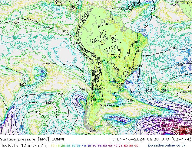 Isotachen (km/h) ECMWF Di 01.10.2024 06 UTC