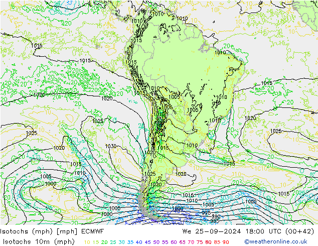 Isotachs (mph) ECMWF mer 25.09.2024 18 UTC