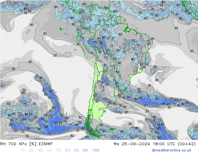 RH 700 hPa ECMWF Qua 25.09.2024 18 UTC