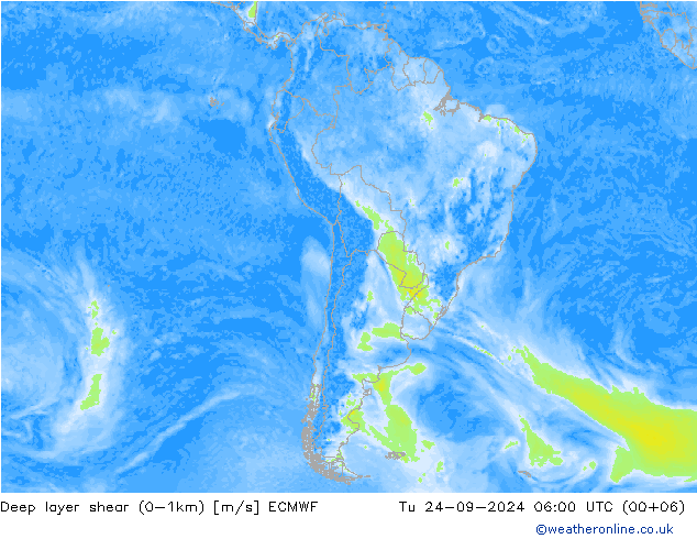 Deep layer shear (0-1km) ECMWF mar 24.09.2024 06 UTC