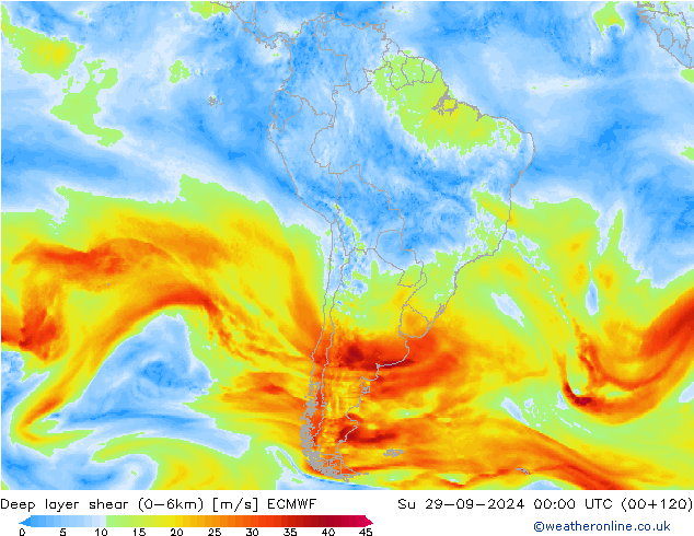 Deep layer shear (0-6km) ECMWF Paz 29.09.2024 00 UTC