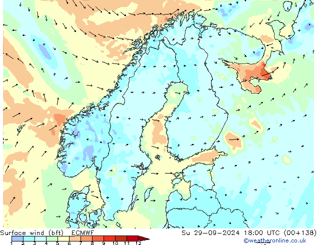 Bodenwind (bft) ECMWF So 29.09.2024 18 UTC