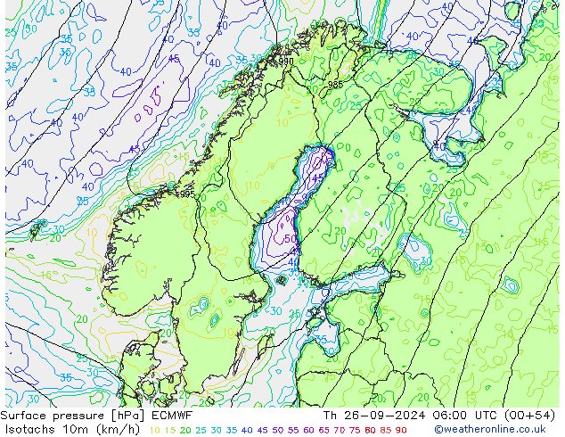 Isotachs (kph) ECMWF чт 26.09.2024 06 UTC