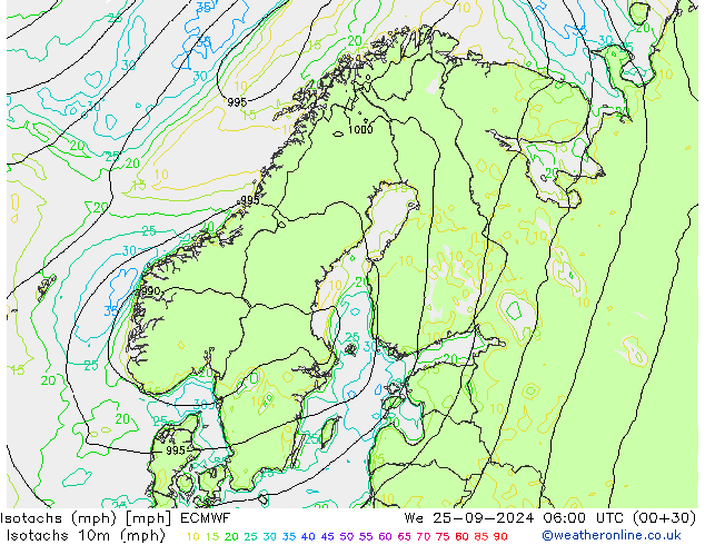 Izotacha (mph) ECMWF śro. 25.09.2024 06 UTC