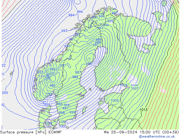 Pressione al suolo ECMWF mer 25.09.2024 15 UTC