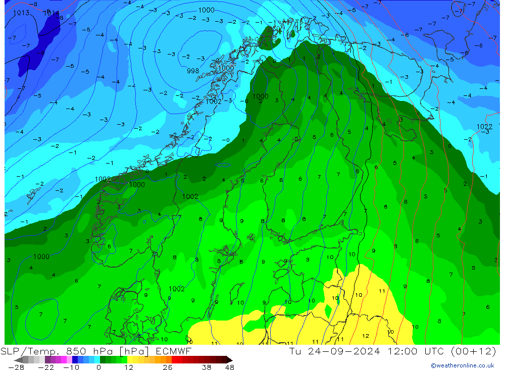 SLP/Temp. 850 гПа ECMWF вт 24.09.2024 12 UTC