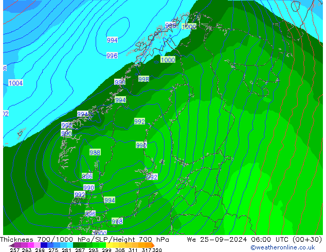 Thck 700-1000 hPa ECMWF We 25.09.2024 06 UTC