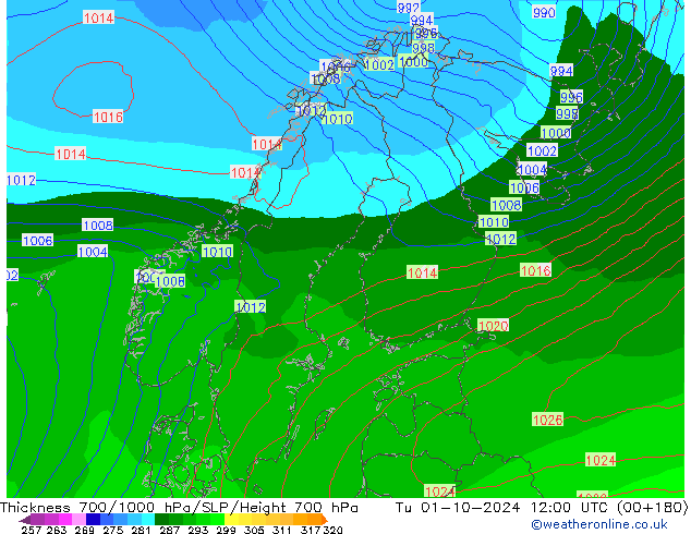 Thck 700-1000 гПа ECMWF вт 01.10.2024 12 UTC