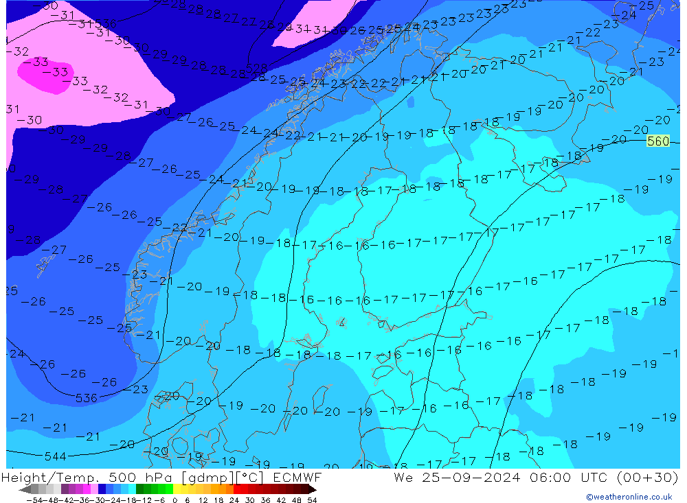 Z500/Rain (+SLP)/Z850 ECMWF Qua 25.09.2024 06 UTC