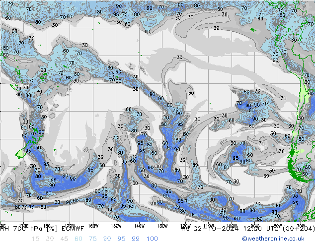 RH 700 hPa ECMWF We 02.10.2024 12 UTC