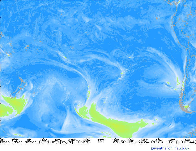 Deep layer shear (0-1km) ECMWF pon. 30.09.2024 00 UTC